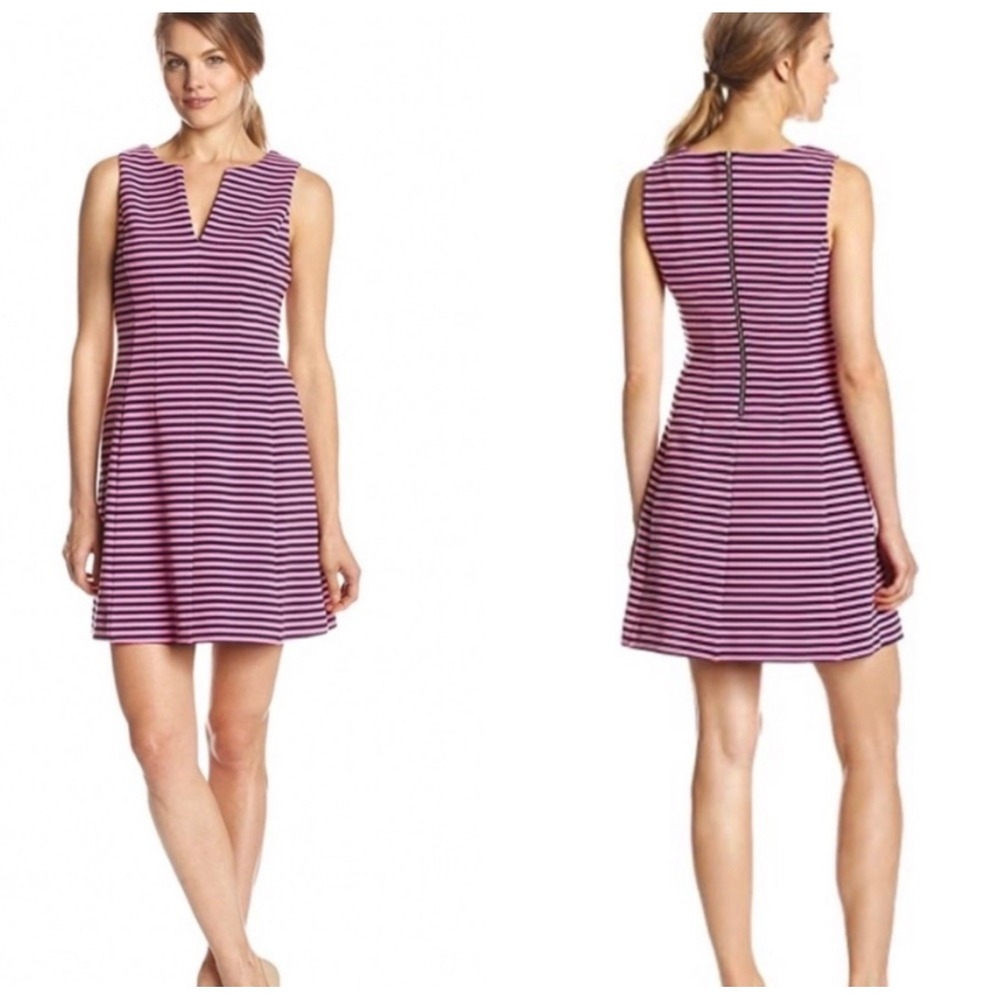 Lilly Pulitzer Brielle Fit & Flare Swing Dress XS Pink Navy Stripe Stretch VNeck
